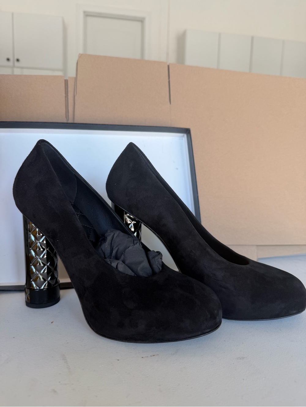CHANEL Black Suede Pumps with Quilted Metallic Block Heel